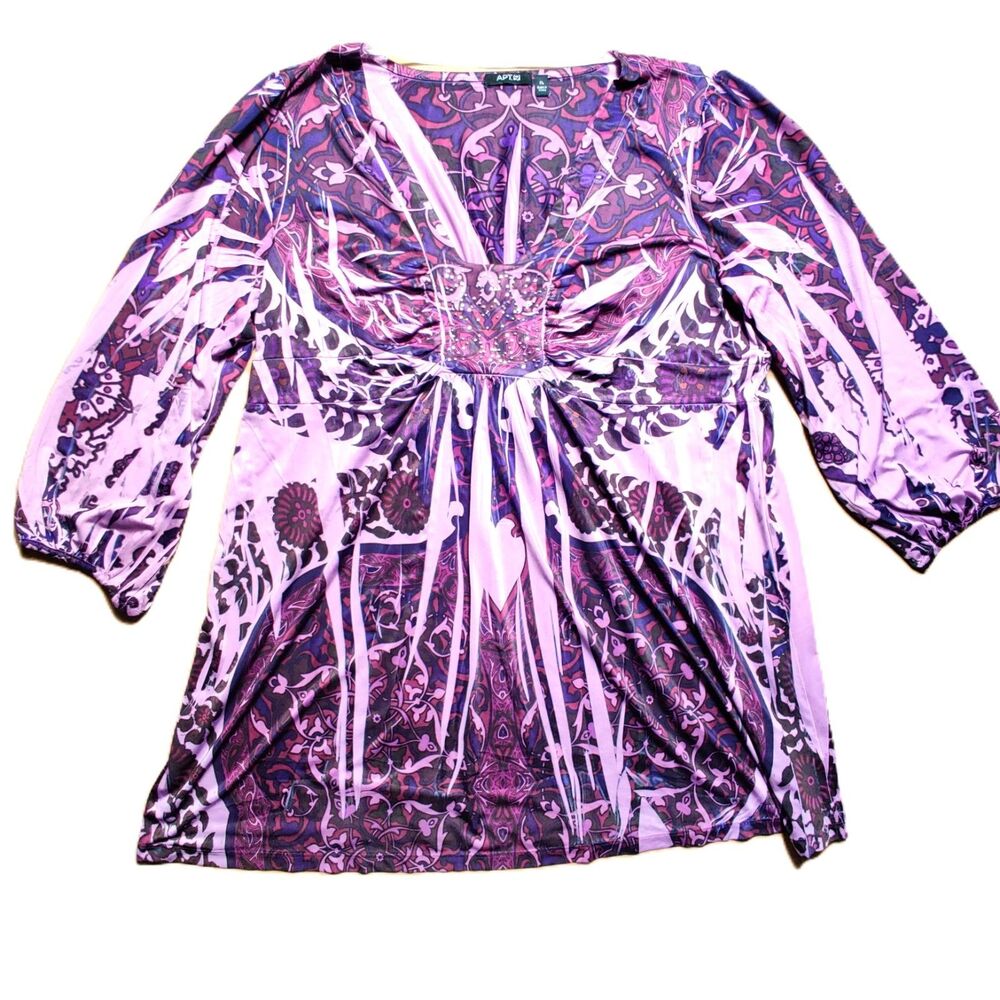 APT 9 Blouse Women XL Purple Pink Floral Stretch V Neck 3/4 Sleeve Top